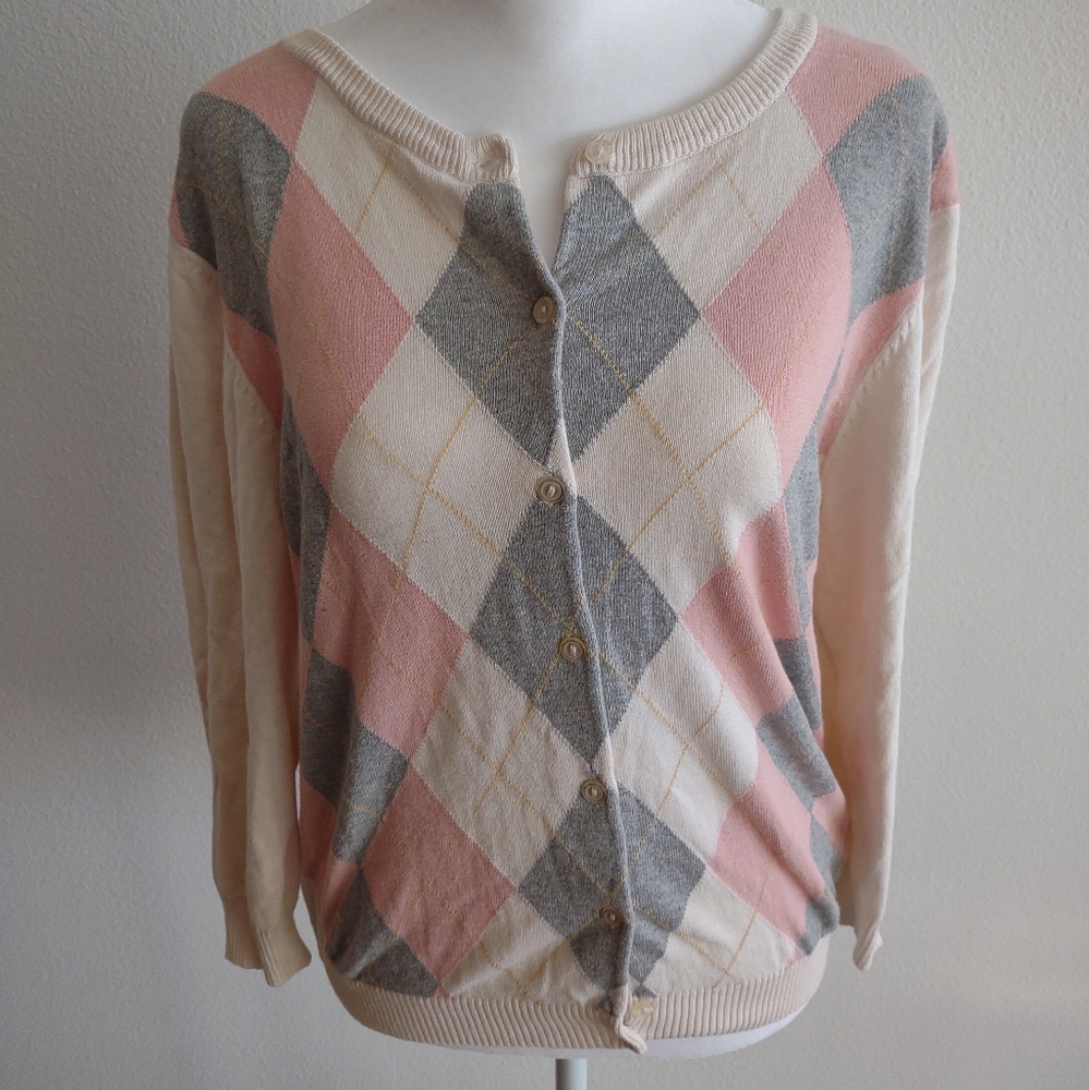 For The Republic pink and gray argyle cardigan sweater L